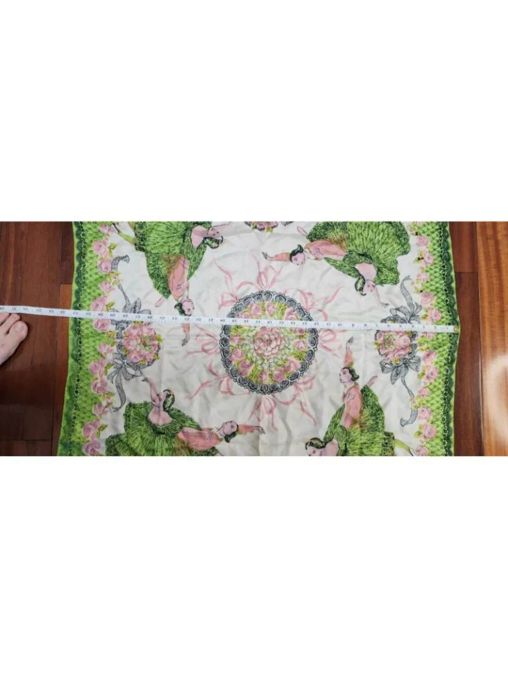 Vintage Silk Scarf Green Pink Floral Ladies Novelty Print Large Square 33x34''
